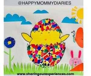 Easter eggshell hatching chick craft for toddler, preschooler and kindergarten. Ideal for drawing with geometric shapes and story time craft.  