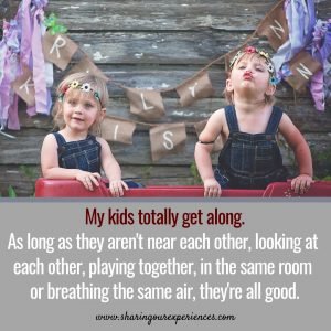 Funny parenting meme wuth two kids My kids totally get along,As long as they arent near each other,looking at each other,playing together, in the same room, or breathing the same air, they are all good