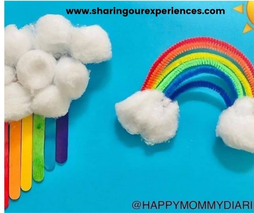 Easy Rainbow cspring craft idea for toddlers, preschoolers and kindergartens. Fun craft for color theme projects both educational and engaging using popsicle stick and cotton balls. 