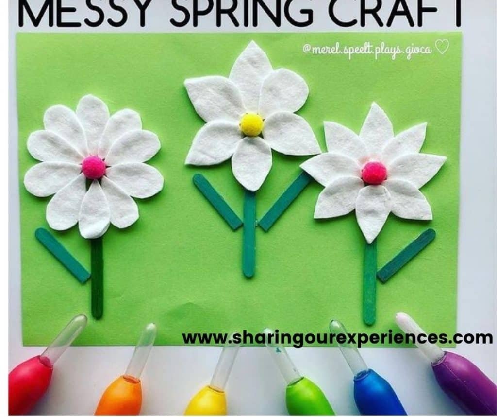 colorful spring flower craft for idea for preschoolers, toddlers and kindergarten. Easy and fun cotton flower for theme based projects as reading propsgs