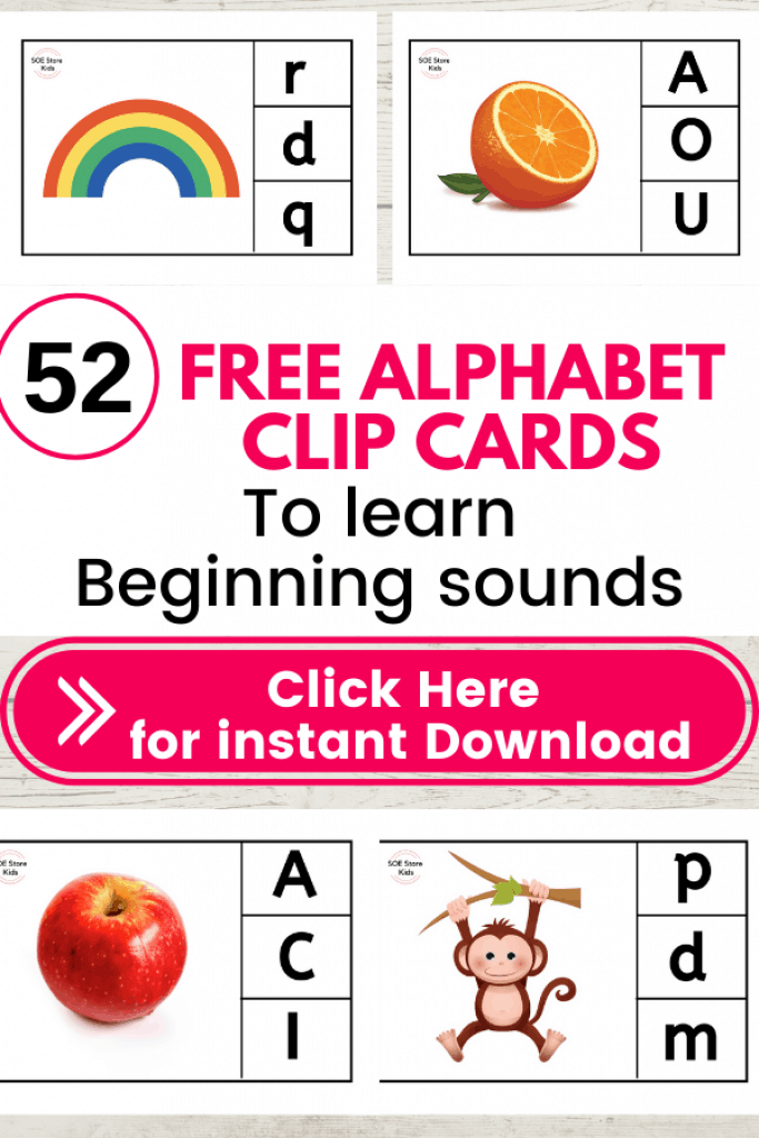 Instant download of Alphabet clipcards for parents looking for a way to teach Alphabet beginning sounds to kids or teaching kids how to associate Alphabet pictures for each letter. These free Alphabet picture clip cards are just perfect for teaching alphabets and planning a free activity for learning letter sounds. 
