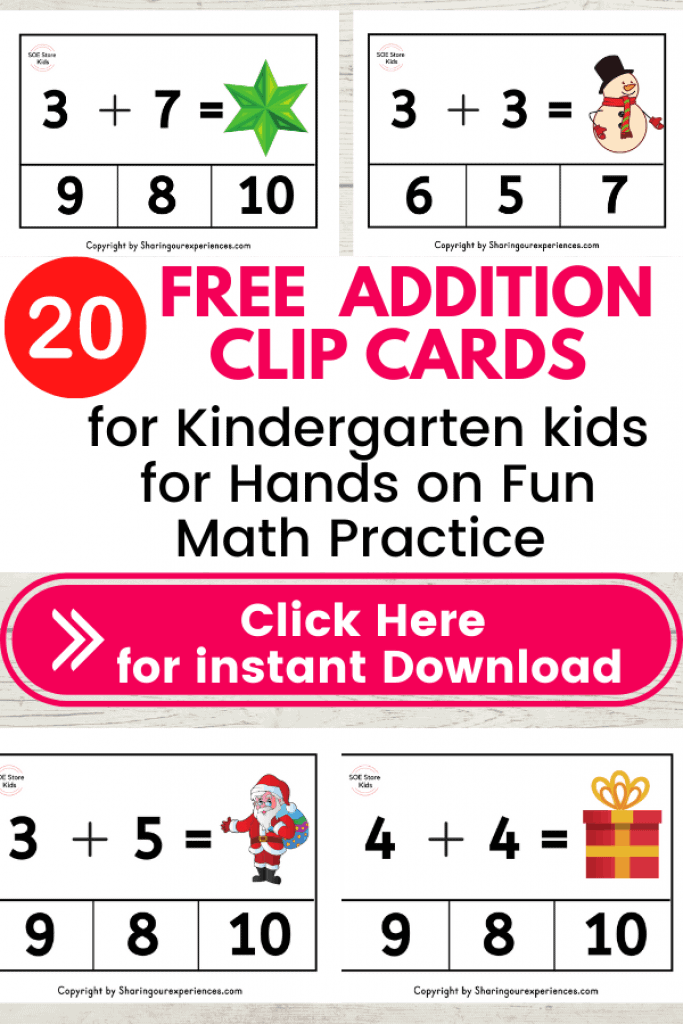 Christmas Addition clip cards pdf worksheets for Kindergarten kids for Numbers 1 to 10