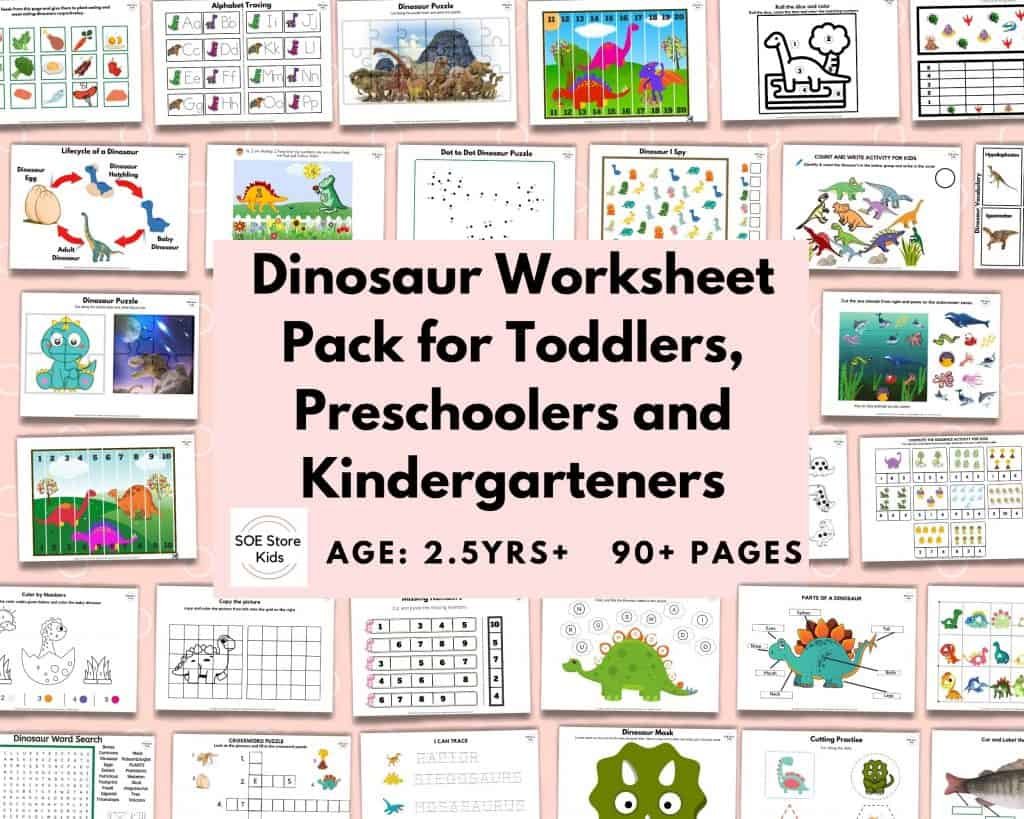 Dinosaur Worksheet Pack for Toddlers, Preschoolers and Kindergarteners