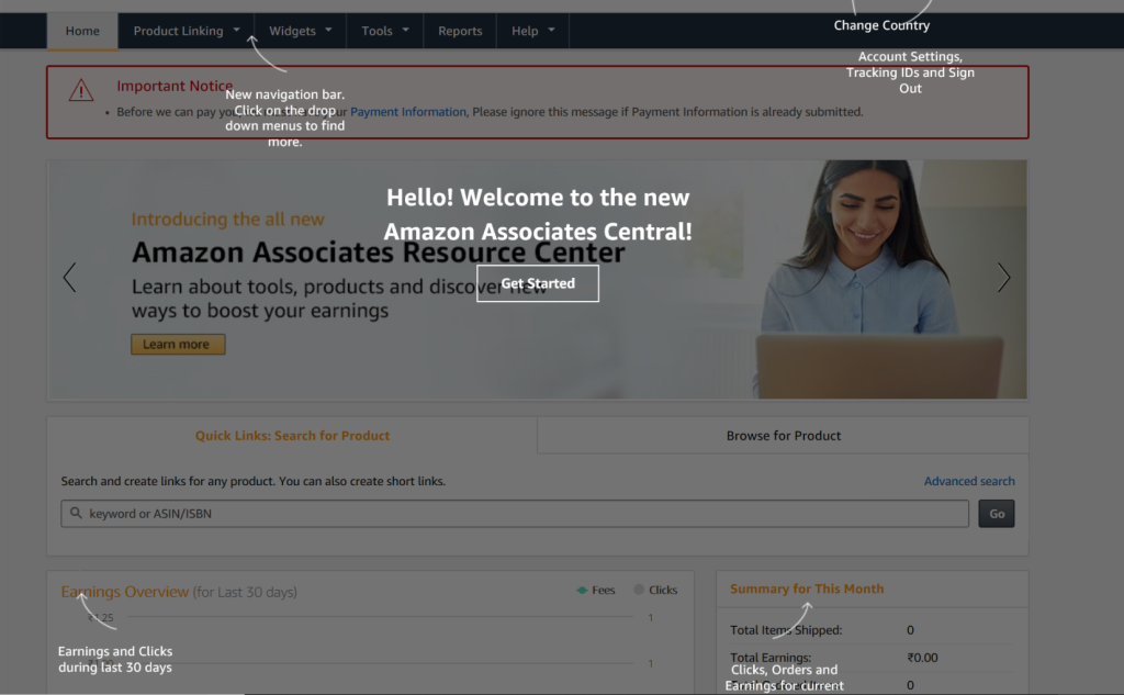 Amazon affiliate program dashboard