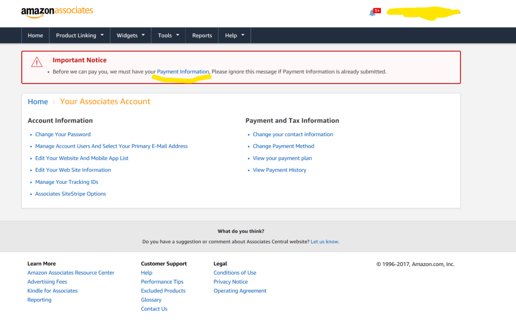 amazon affiliate add payment information